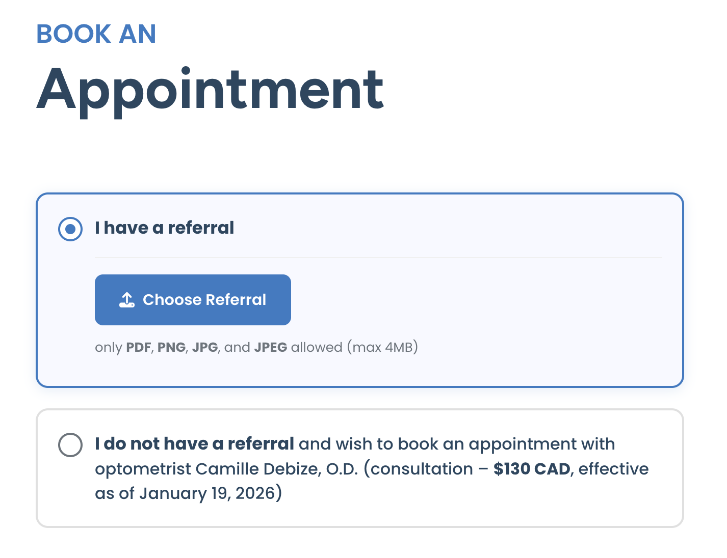 Formulaire de rendez-vous avec ou sans document de référence