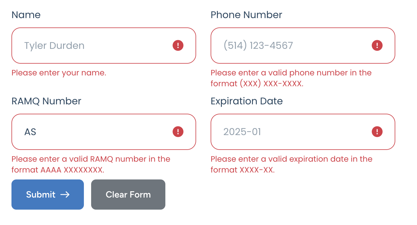 Validation du formulaire de rendez-vous et guidage des erreurs