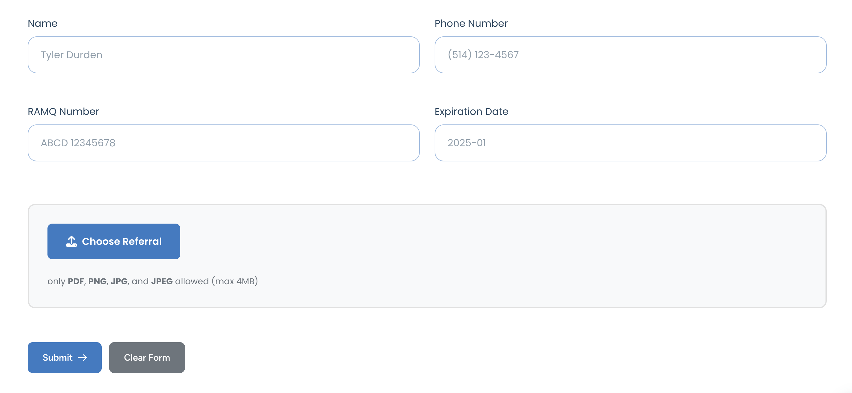 Formulaire de rendez-vous avec référence et téléversement de fichier