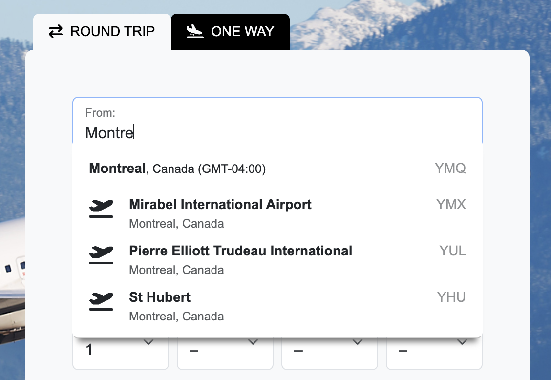 Airport autocomplete suggestions dropdown in search form