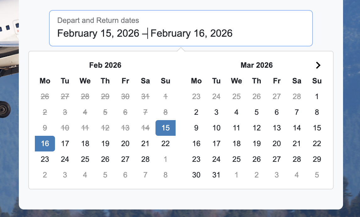 Departure and return date picker calendar in flight form