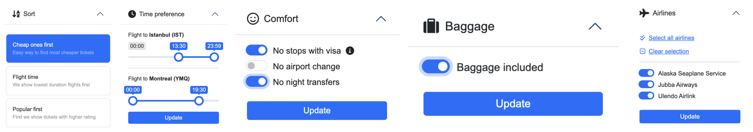 Combined filters overview with sorting time comfort baggage and airline controls