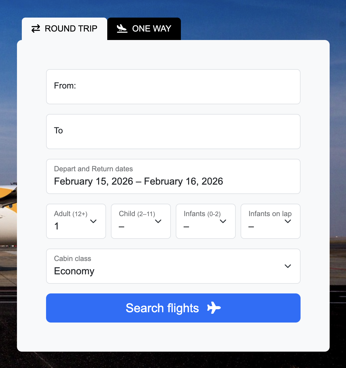 Home page flight search form for one-way and round-trip planning