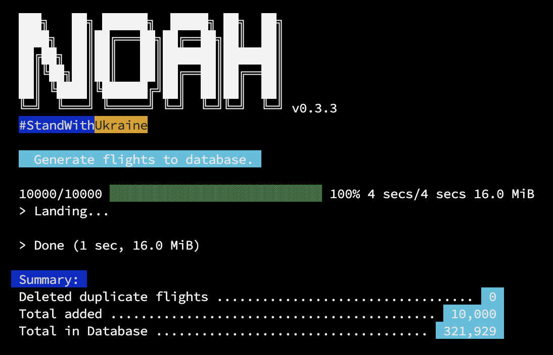 Noah CLI generate flights custom volume command output