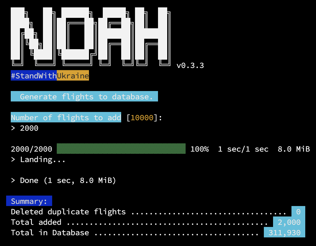 Noah CLI generate flights default command output